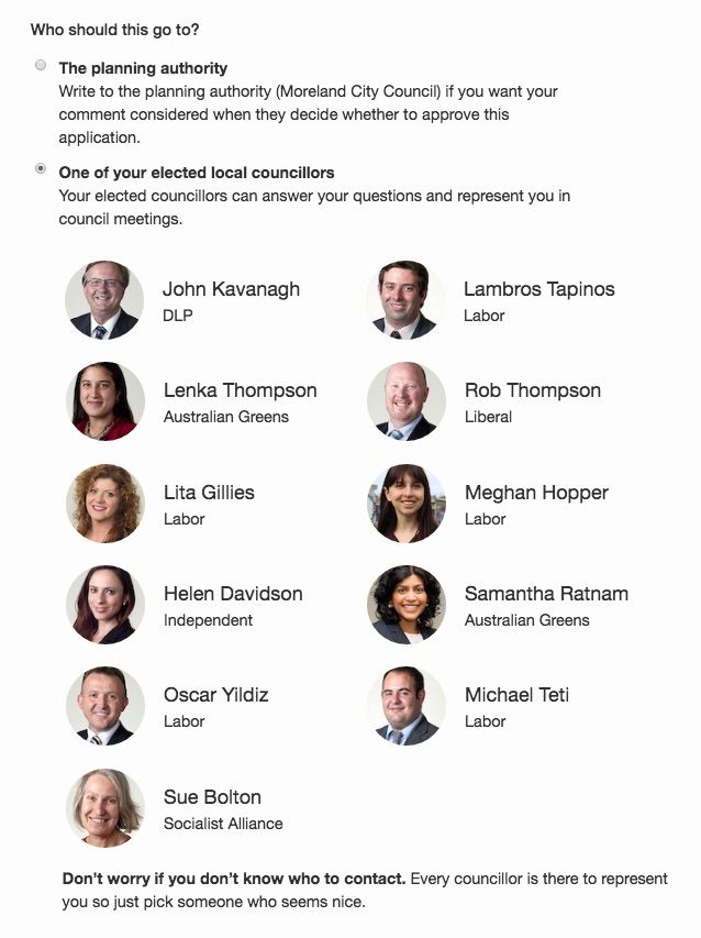 Image of the councillors you can write to on a page in PlanningAlerts