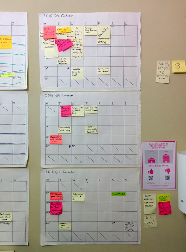 A photograph of our wall planner with what we've got planning from October through December in 2016