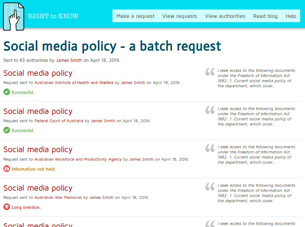 Screenshot showing the page of the Social Media Policy batch request on Right To Know