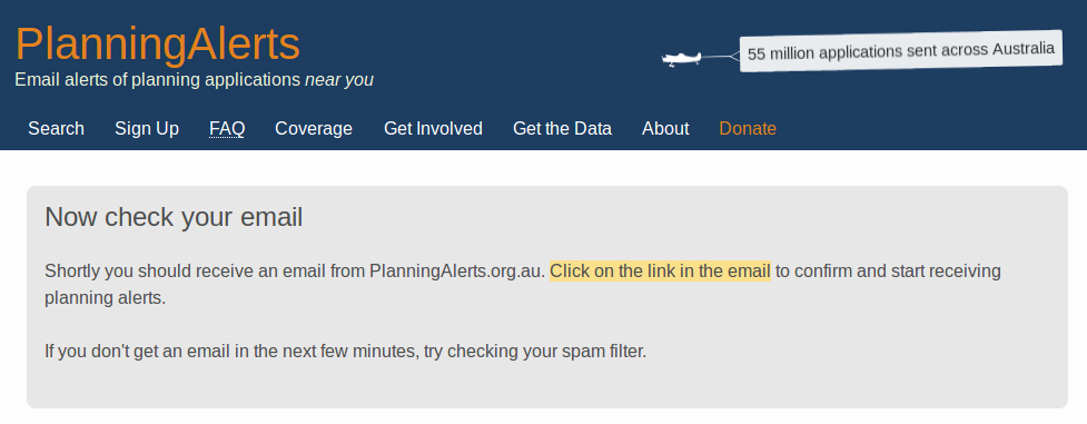 Screenshot of email confirmation page from PlanningAlerts