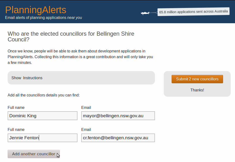 Screenshot showing an example of adding councillors to PlanningAlerts